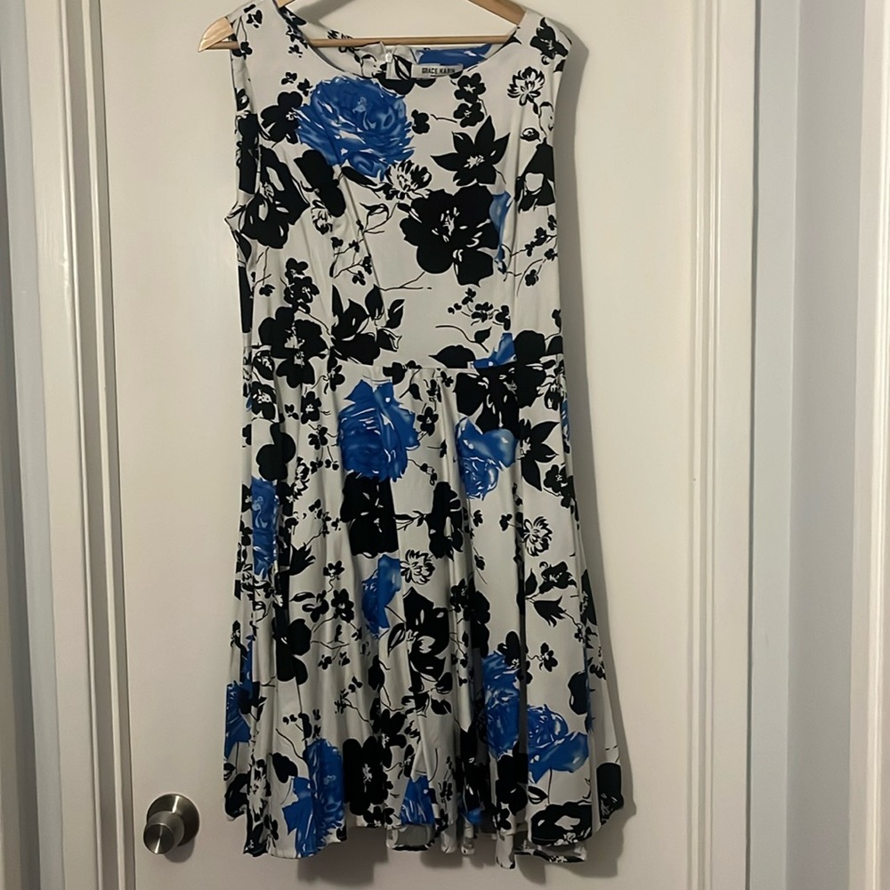 Grace Karin 20w white/black/blue floral swing dress